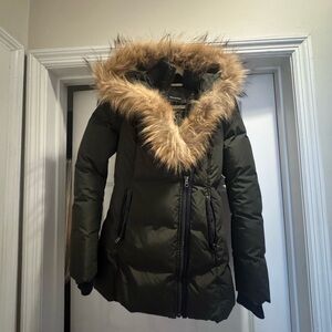 Mackage Green Puffer Coat with Fur Trim and Quilted Design